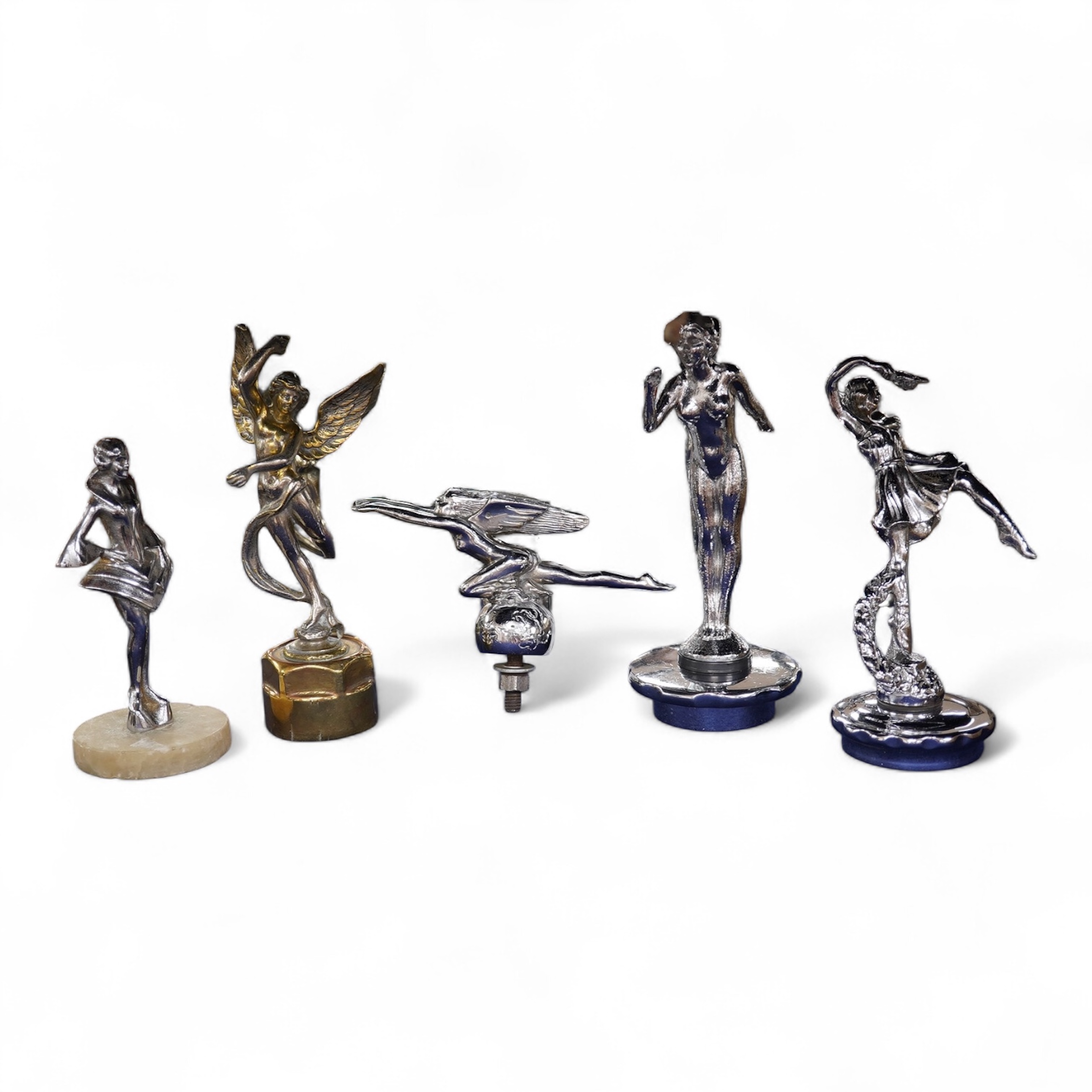 Five chrome car mascots in the form of female dancing figures, three mounted on threaded radiator caps, one with a registration number: 675619, one a stylised Art Deco winged female figure astride a globe. Condition - fa